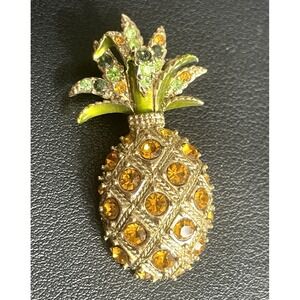 Vintage MONET Pineapple Brooch Rhinestone Yellow Green Gold Tone Signed READ